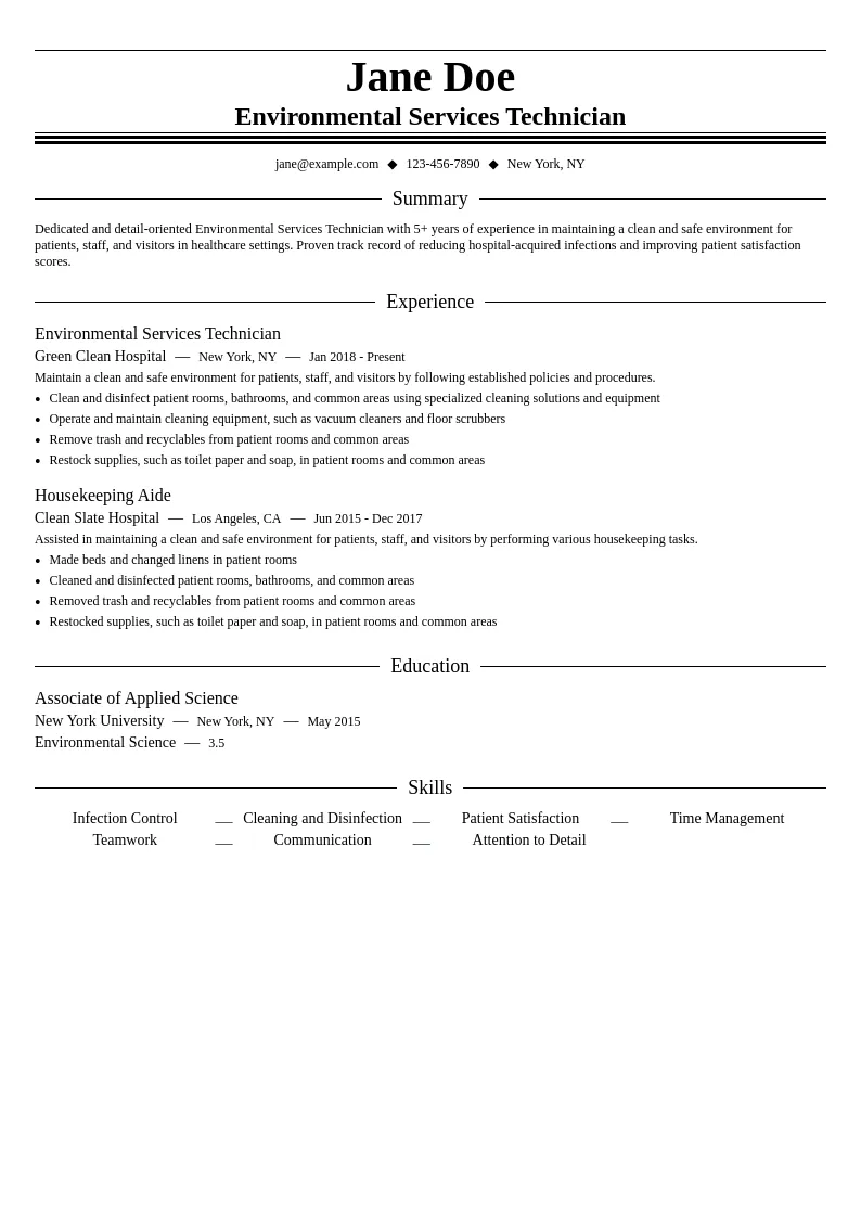 Environmental Services Technician resume example