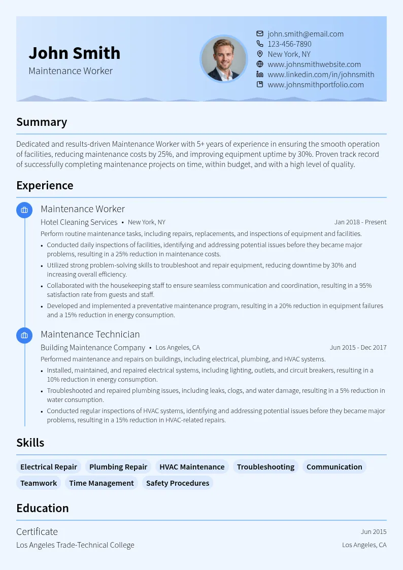 Maintenance Worker resume example