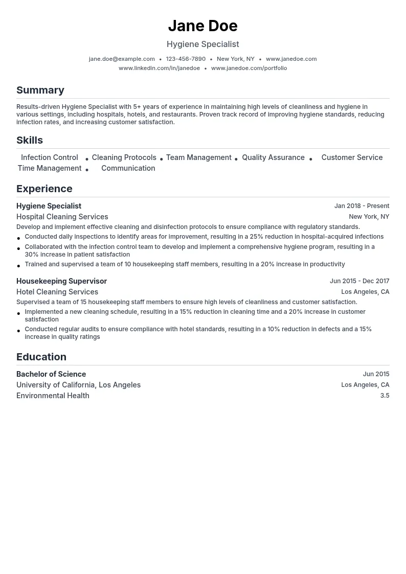 Hygiene Specialist resume example