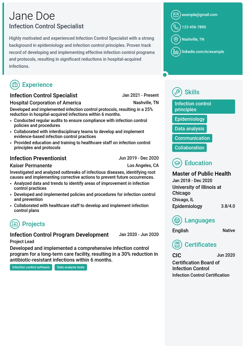 Infection Control Specialist resume example