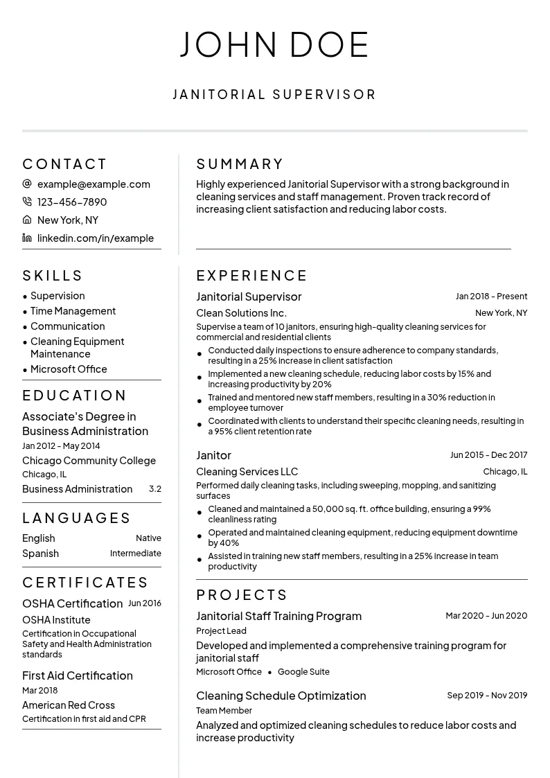 Janitorial Supervisor resume example