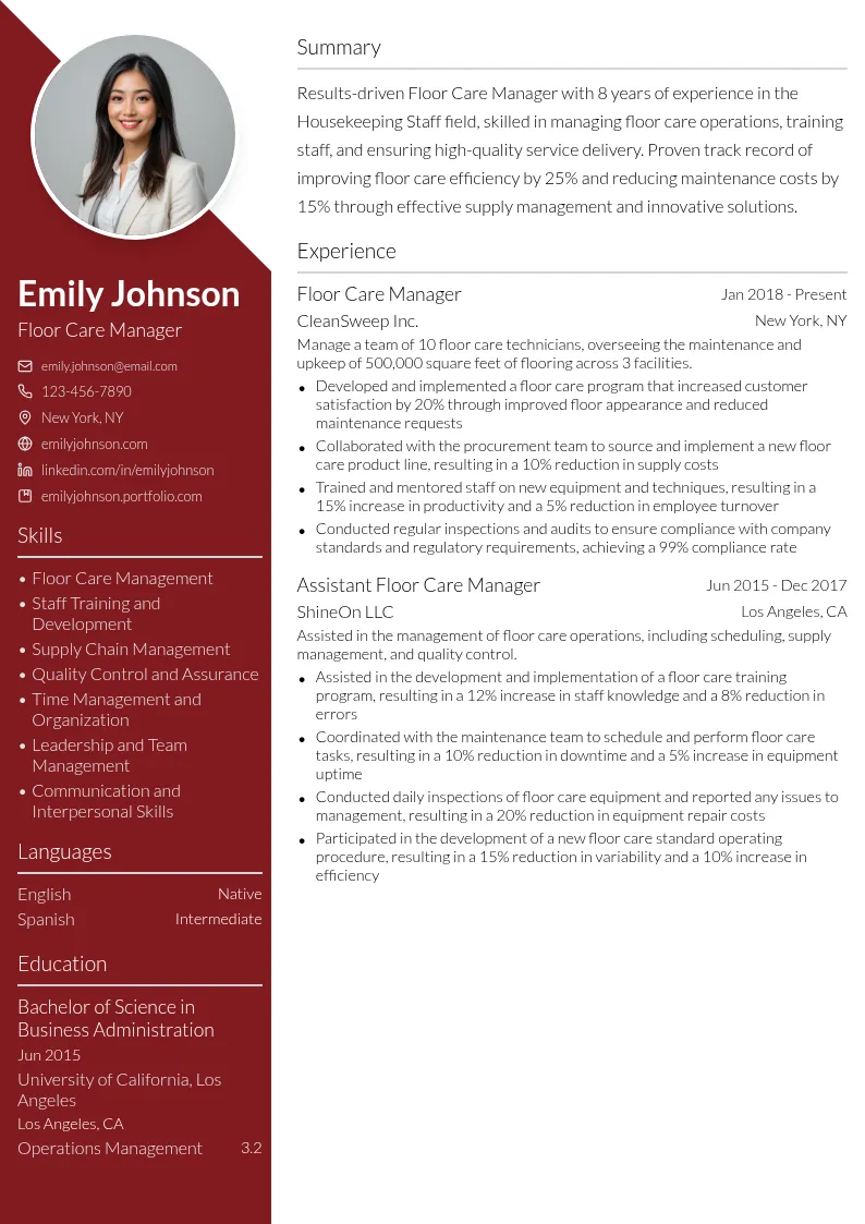 Floor Care Manager resume example