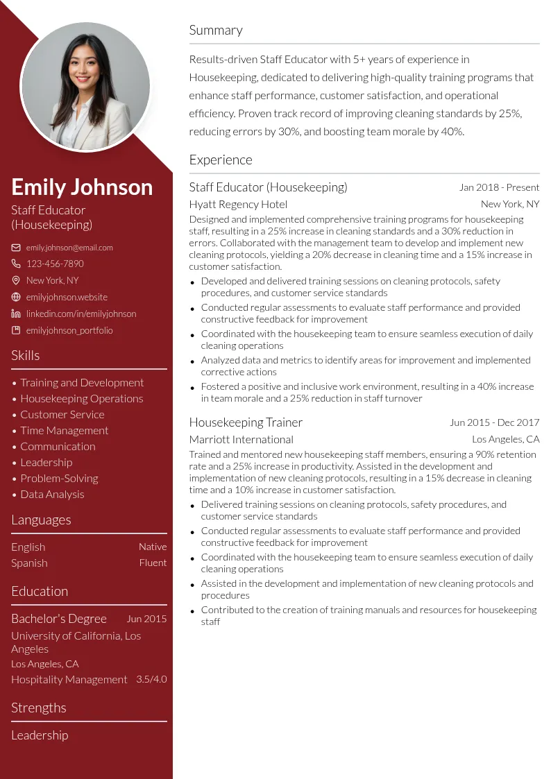 Staff Educator (Housekeeping) resume example