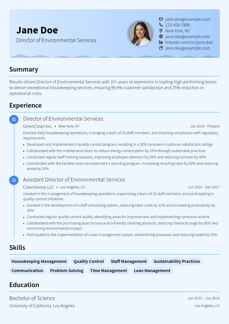 Director of Environmental Services resume example