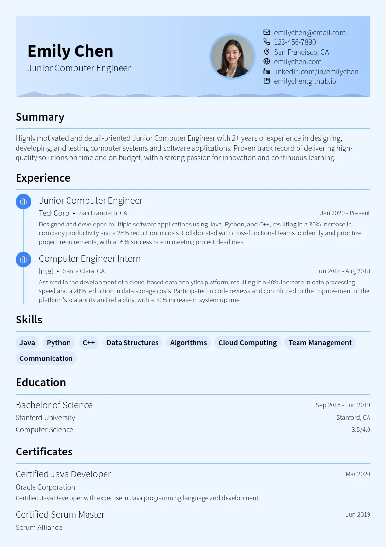 Junior Computer Engineer resume example