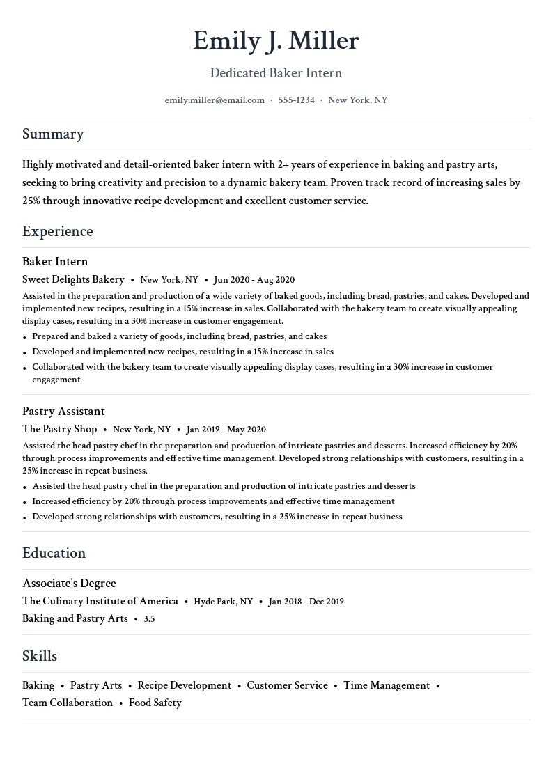 Baker Intern resume example