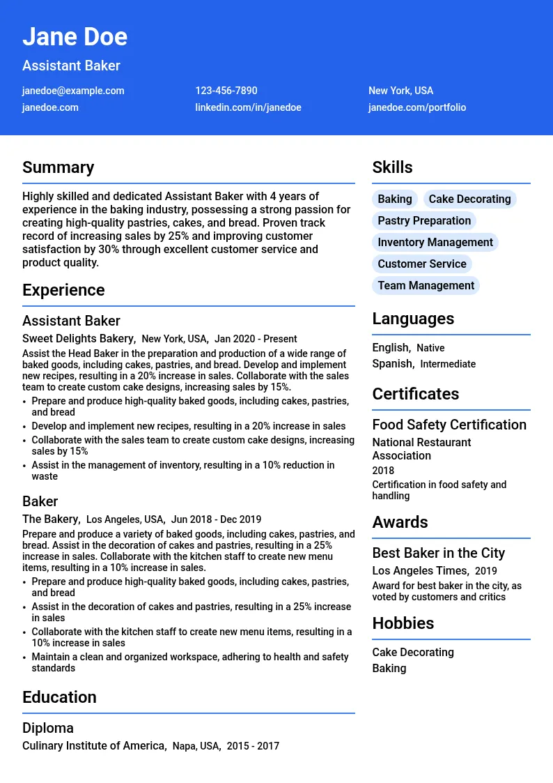 Assistant Baker resume example