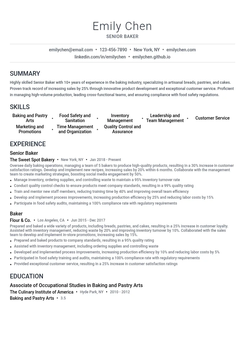 Senior Baker resume example