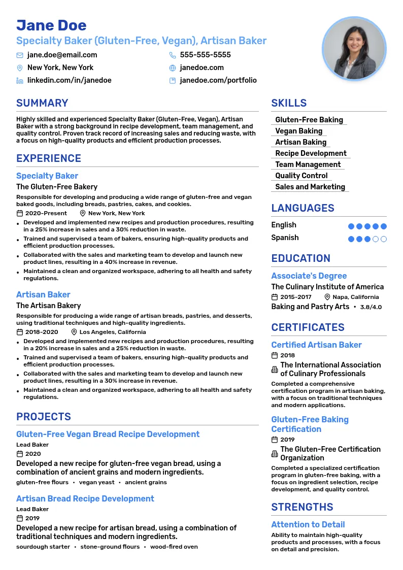 Specialty Baker (Gluten-Free, Vegan), Artisan Baker resume example