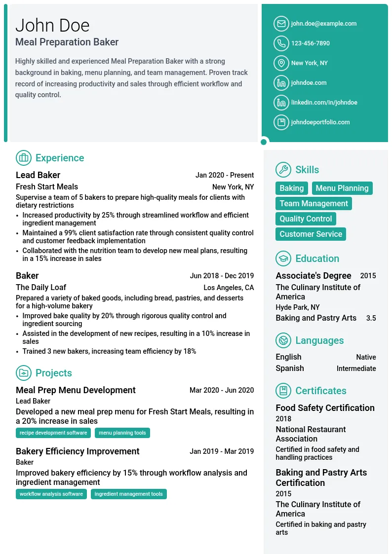 Meal Preparation Baker resume example