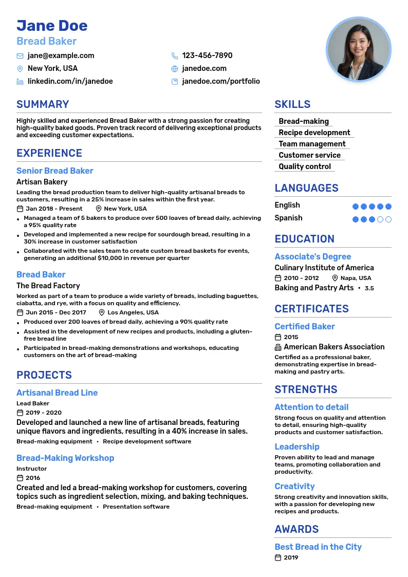 Bread Baker resume example