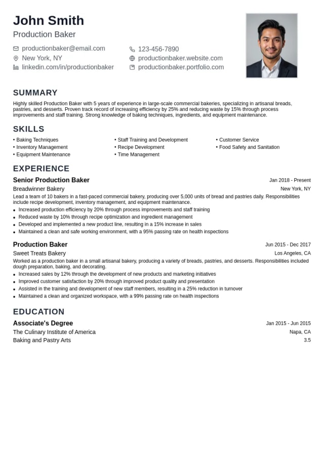 Production Baker resume example