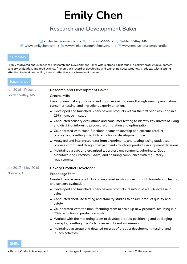 Research and Development Baker resume example