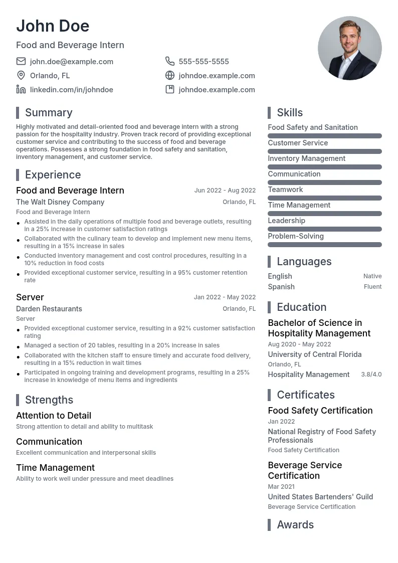 Food and Beverage Intern resume example