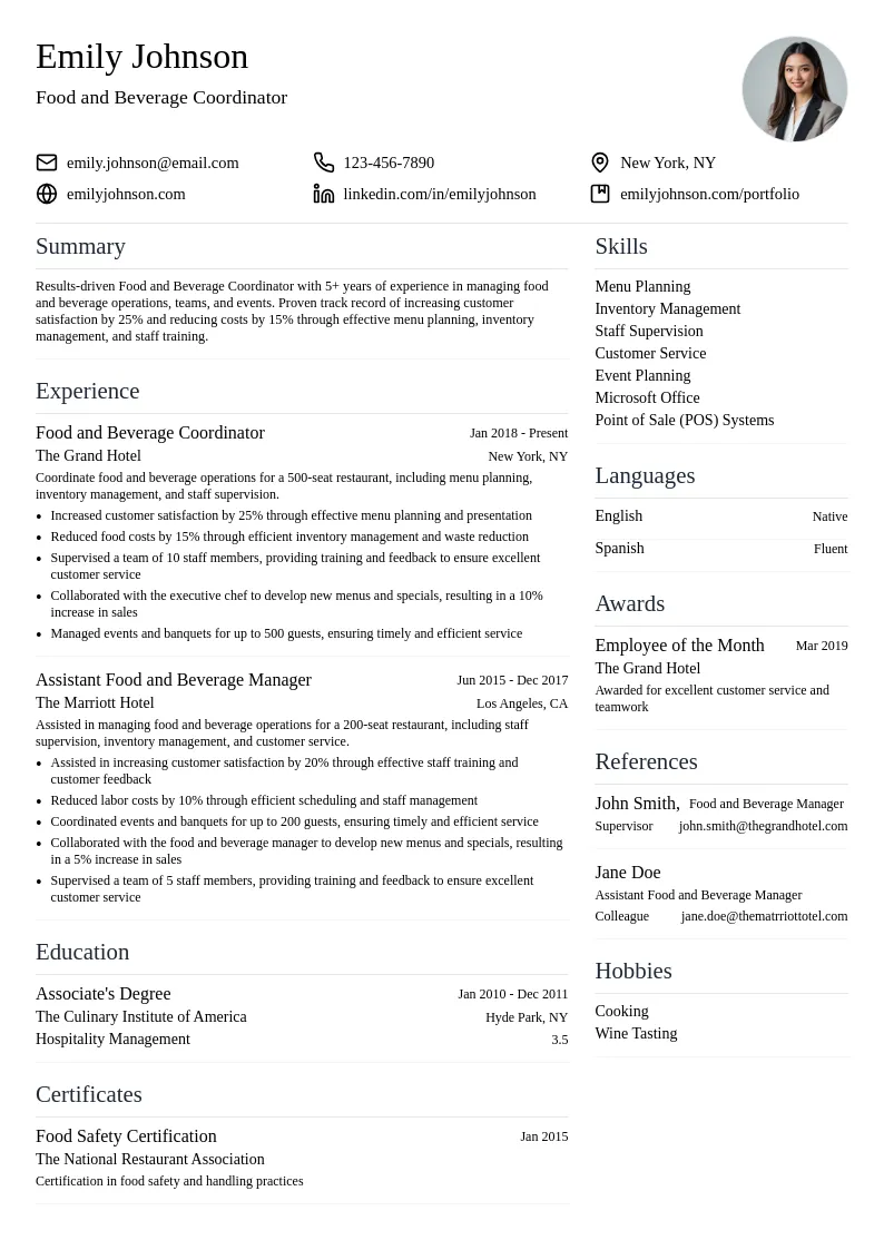 Food and Beverage Coordinator resume example