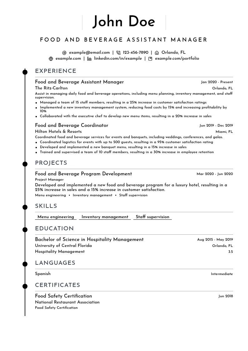 Food and Beverage Assistant Manager resume example