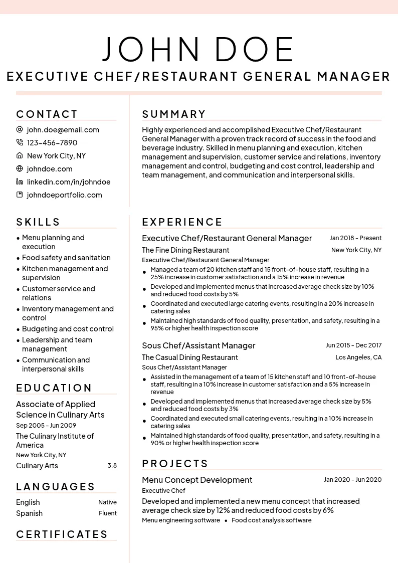 Executive Chef/Restaurant General Manager resume example