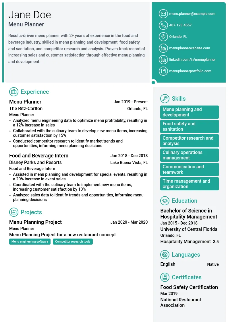 Menu Planner resume example
