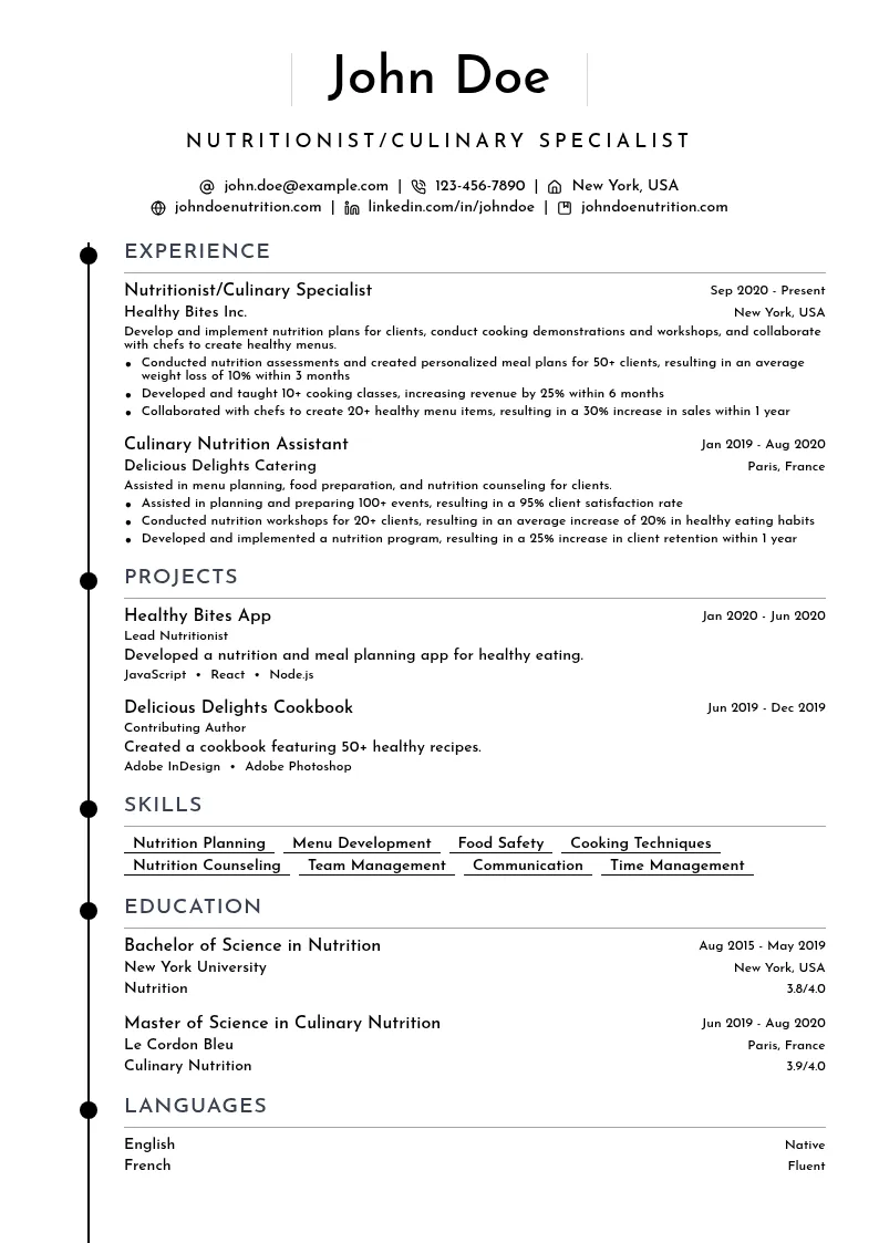 Nutritionist/Culinary Specialist resume example