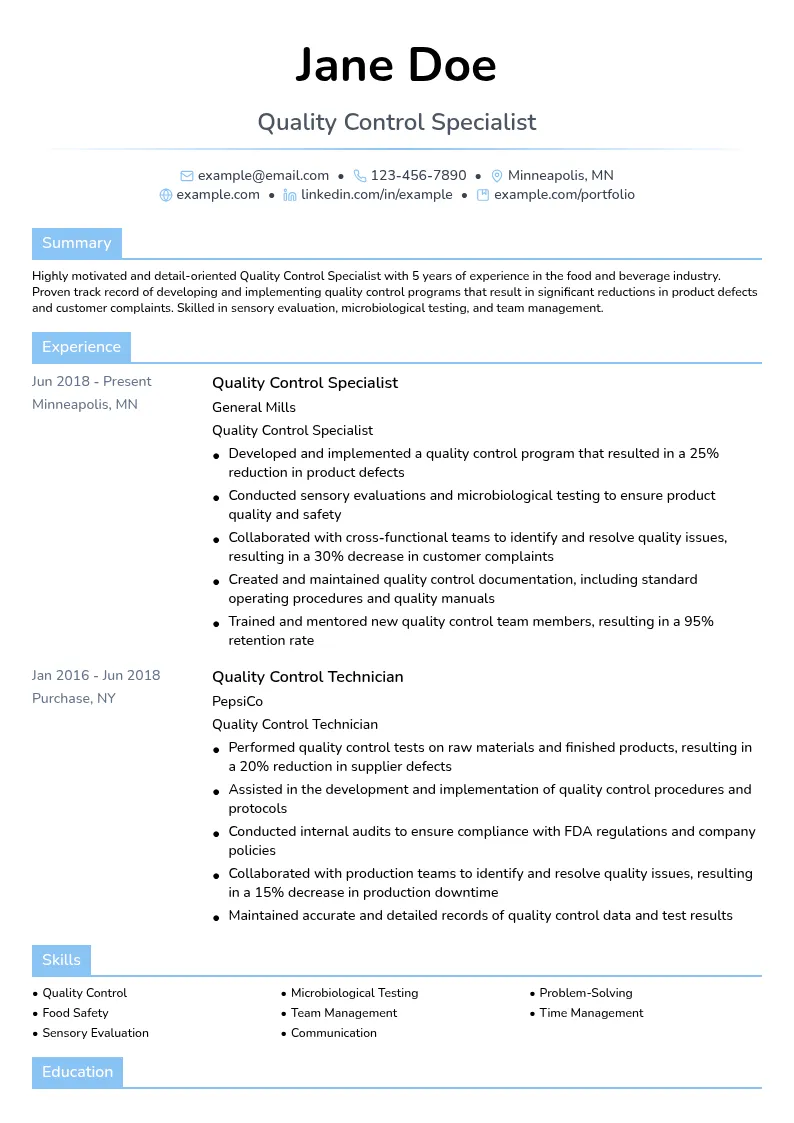 Quality Control Specialist resume example
