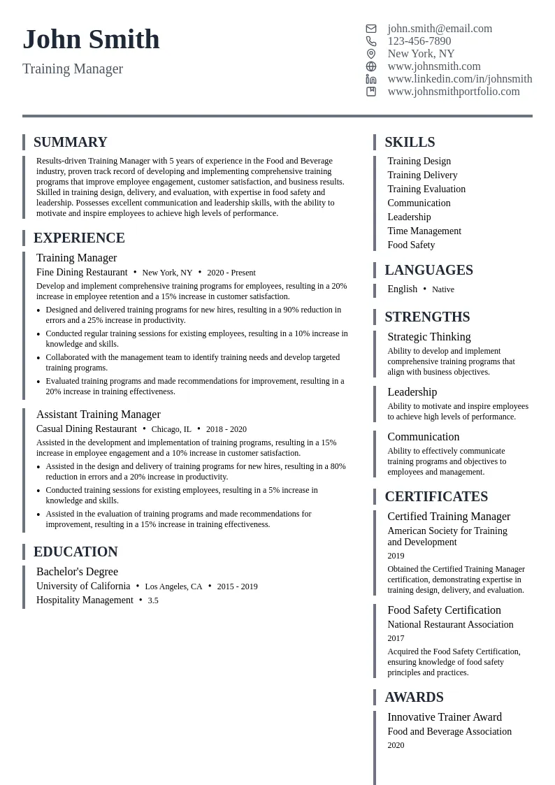 Training Manager resume example