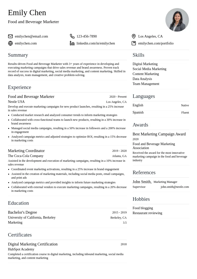 Food and Beverage Marketer resume example