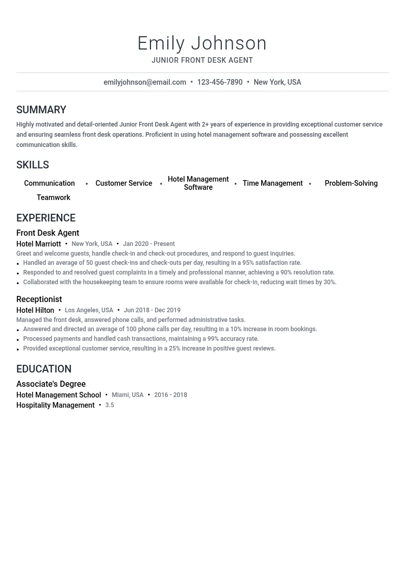 Junior Front Desk Agent resume example