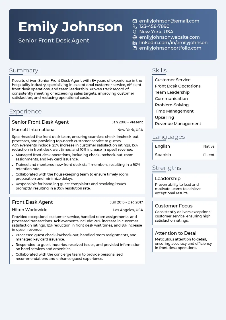 Senior Front Desk Agent resume example