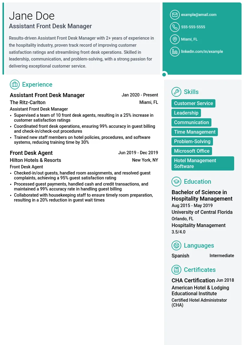 Assistant Front Desk Manager resume example