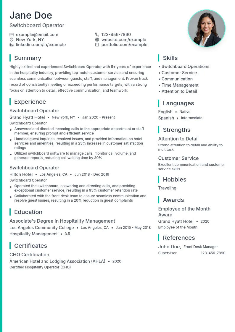 Switchboard Operator resume example