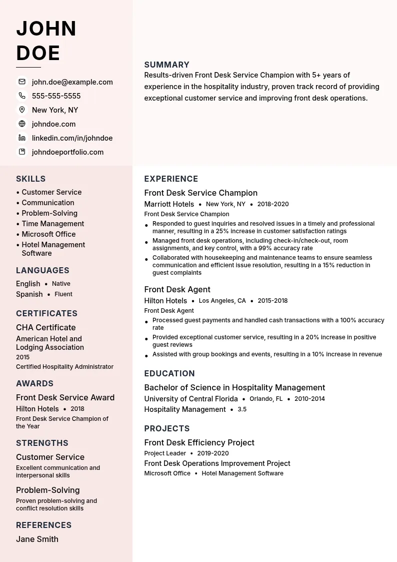 Front Desk Service Champion resume example