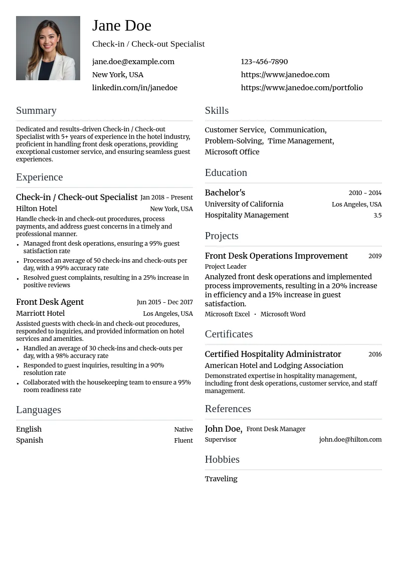 Check-in / Check-out Specialist resume example