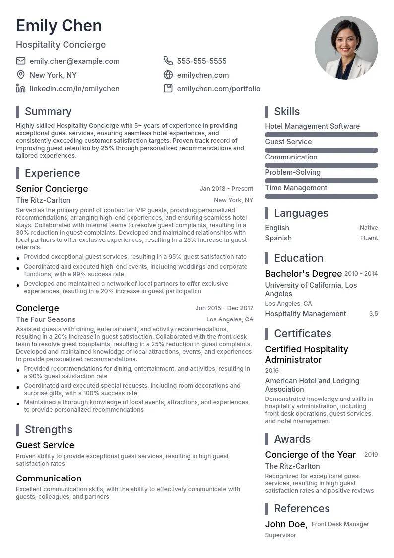 Hospitality Concierge resume example