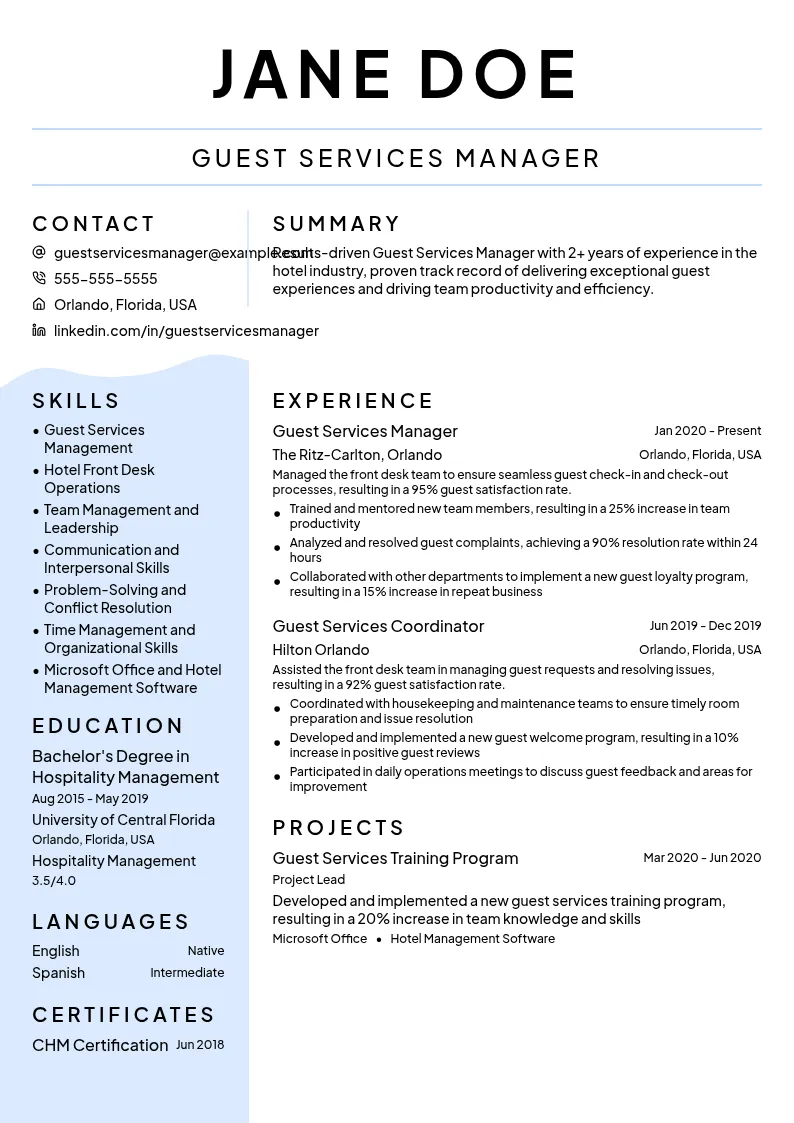 Guest Services Manager resume example