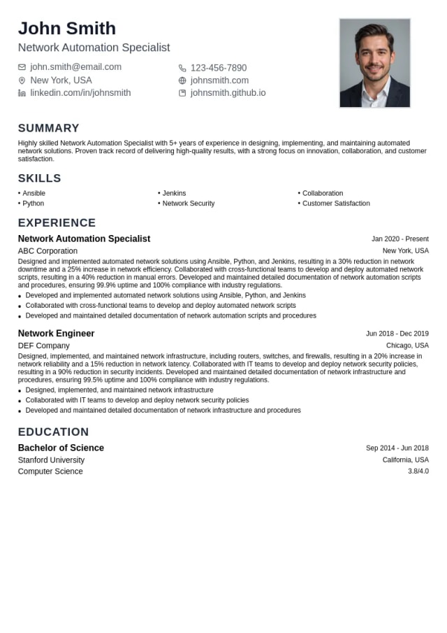 Network Automation Specialist resume example