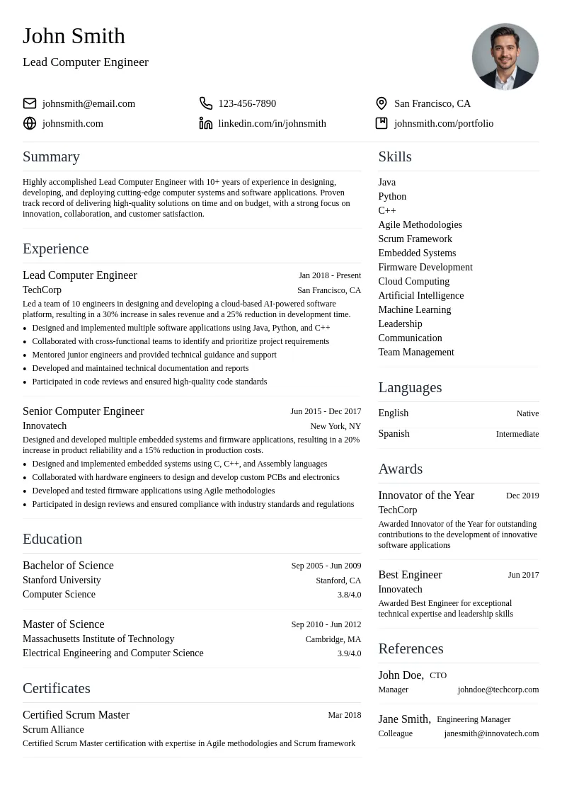 Lead Computer Engineer resume example