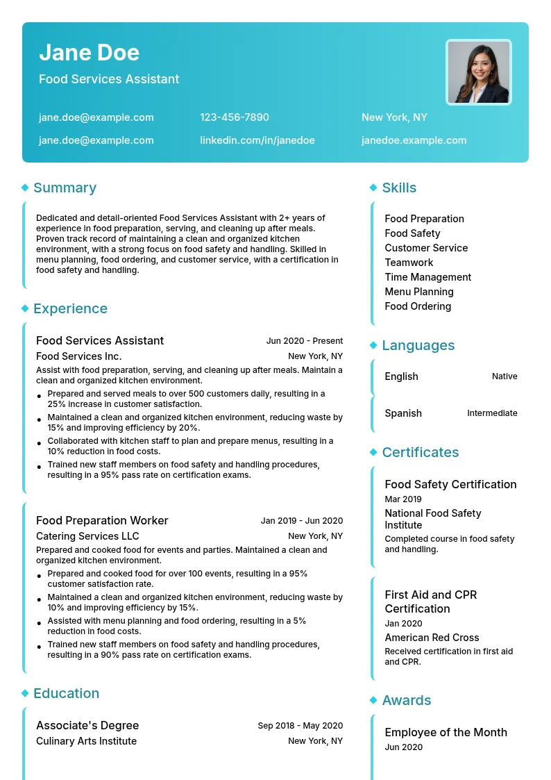 Food Services Assistant resume example