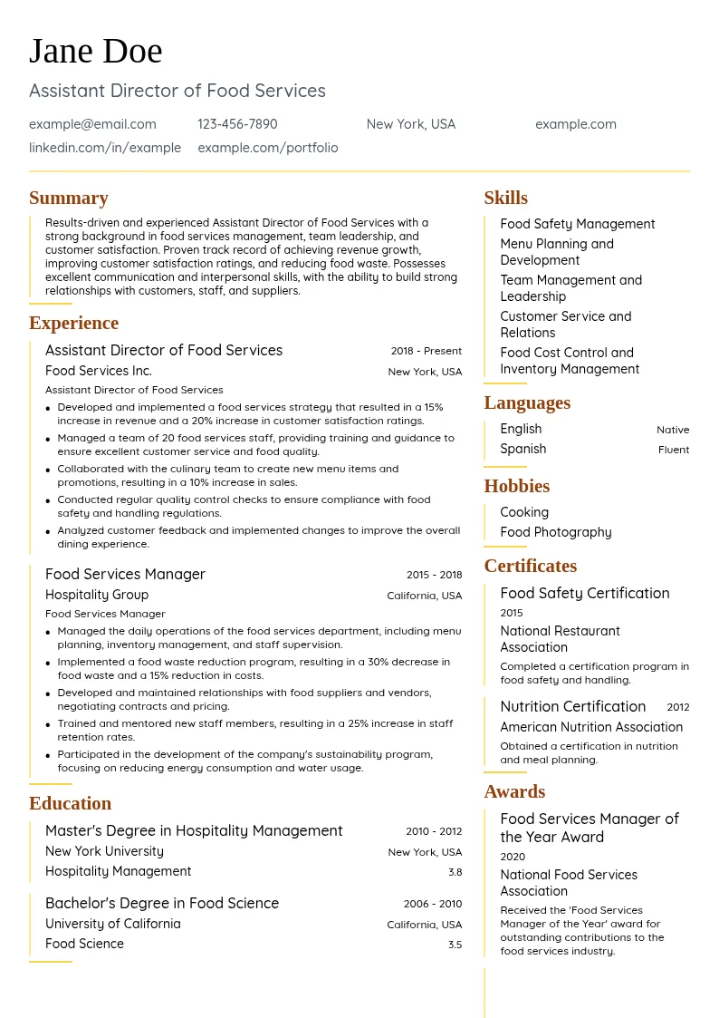 Assistant Director of Food Services resume example