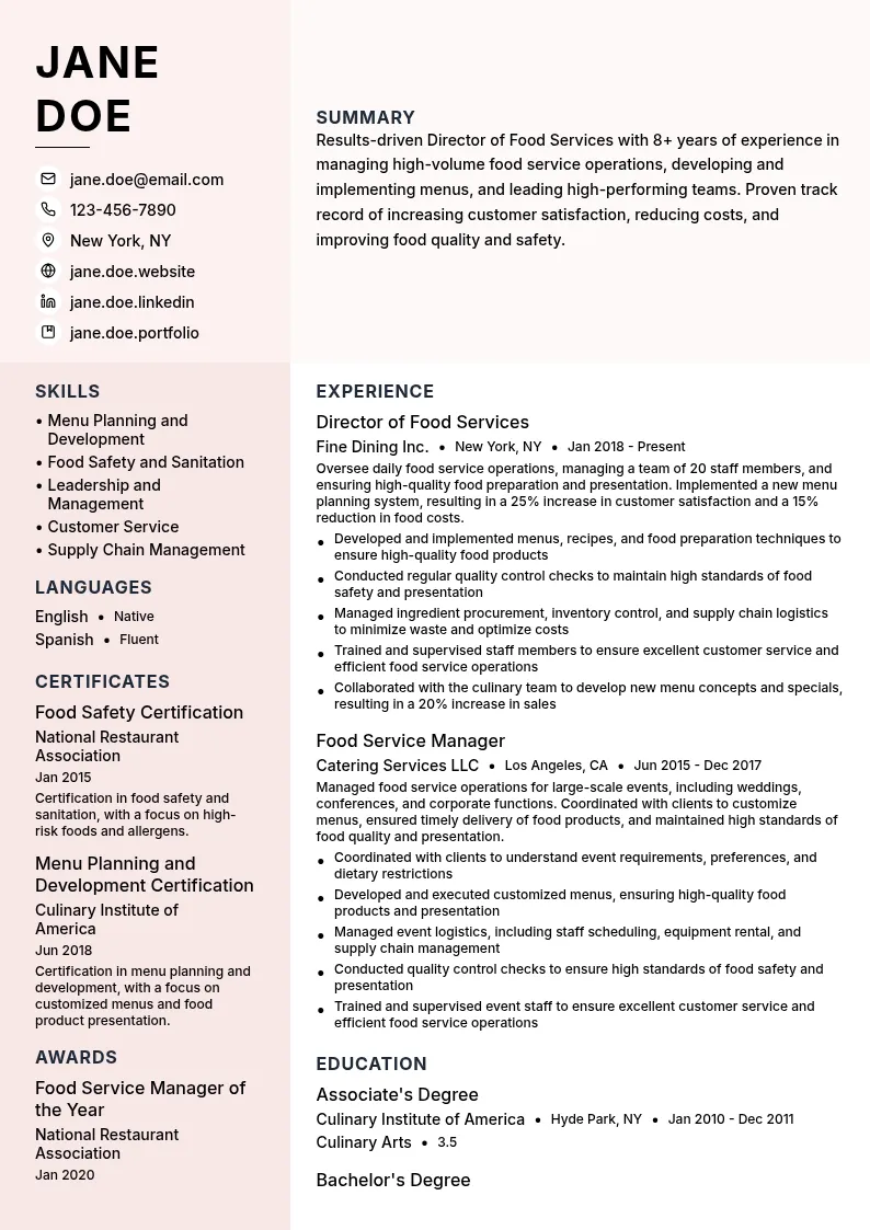Director of Food Services resume example