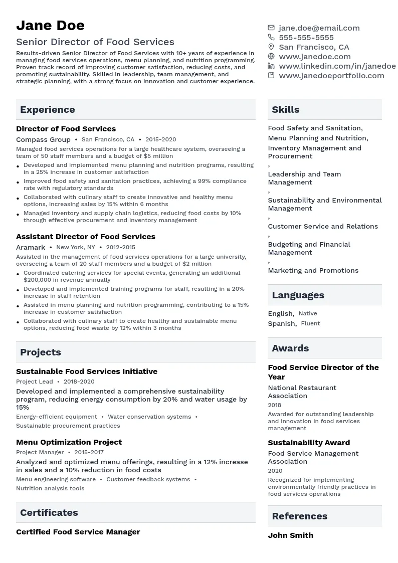 Senior Director of Food Services resume example