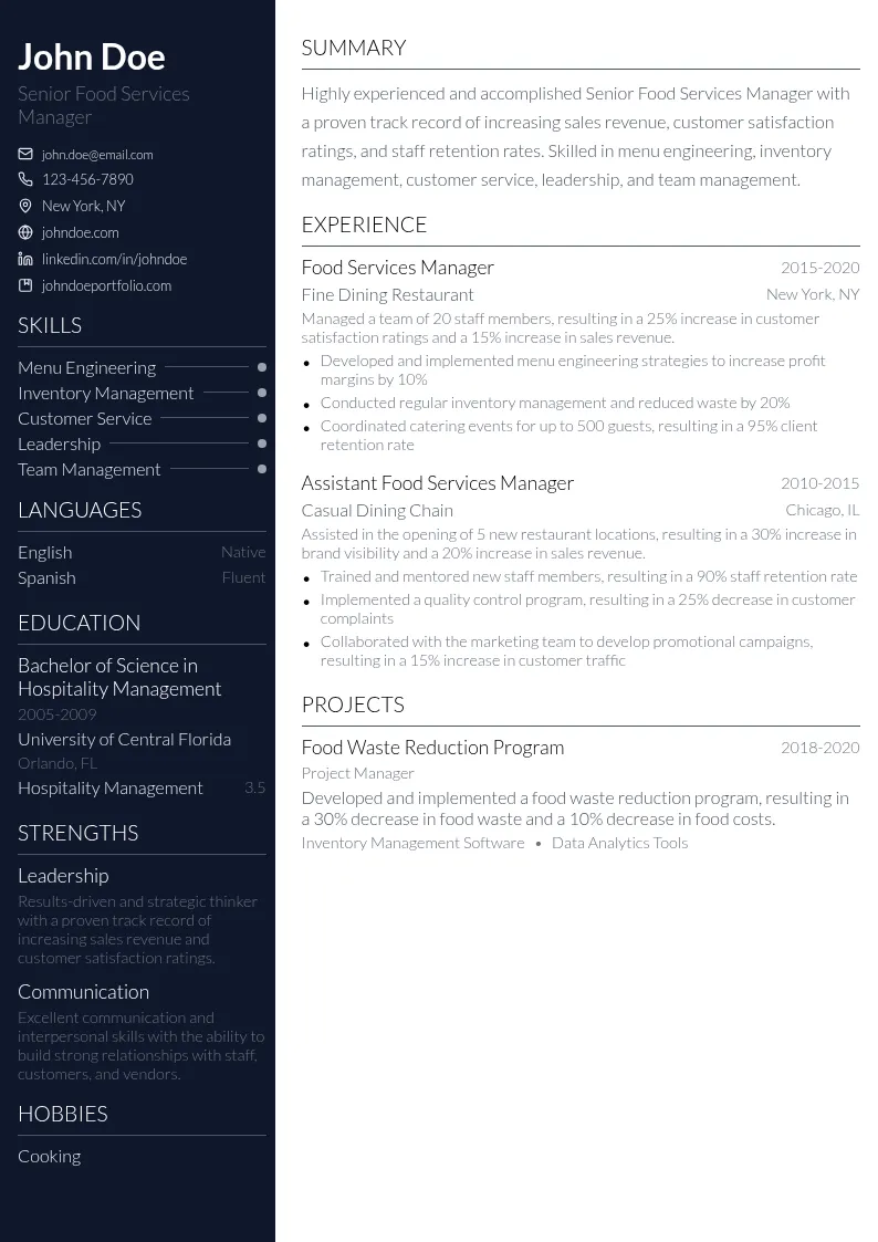 Senior Food Services Manager resume example