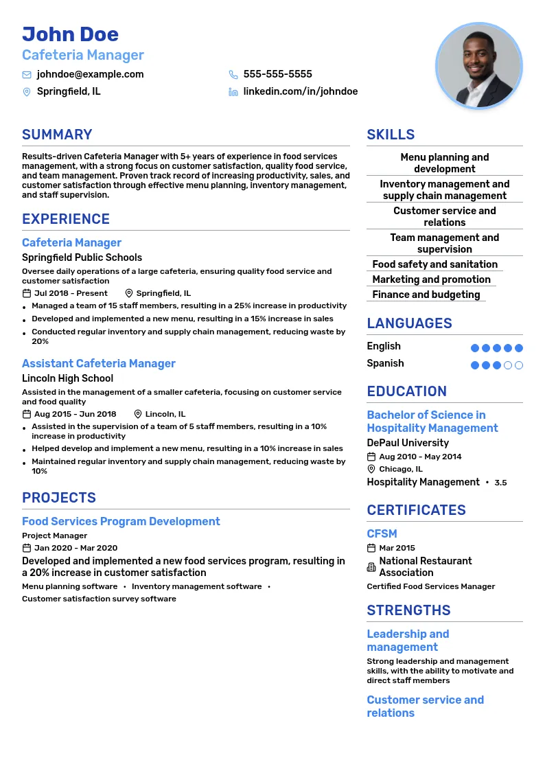 Cafeteria Manager resume example