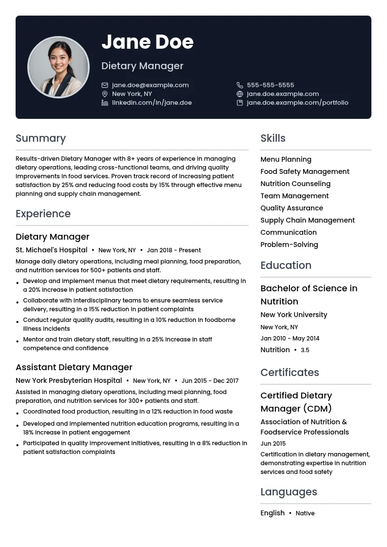 Dietary Manager resume example