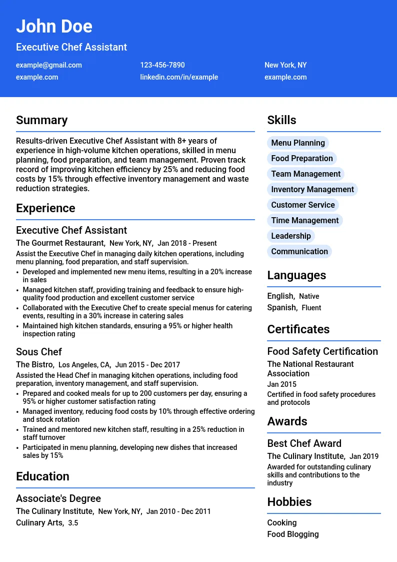 Executive Chef Assistant resume example
