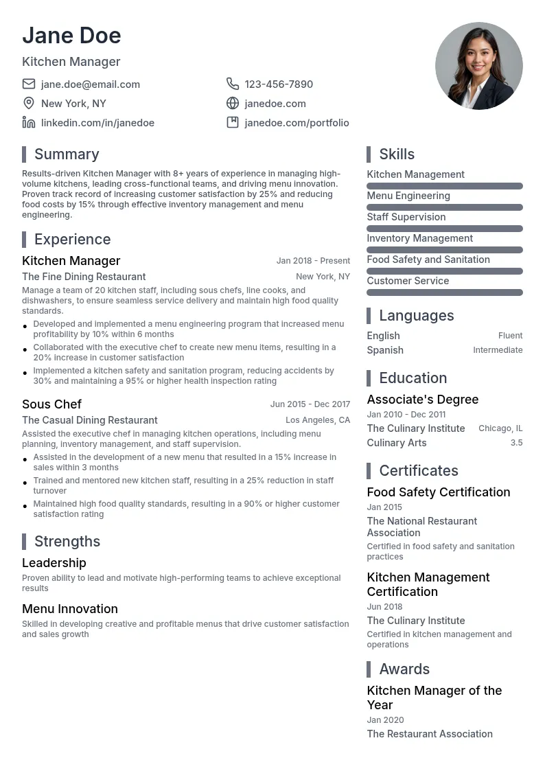 Kitchen Manager resume example