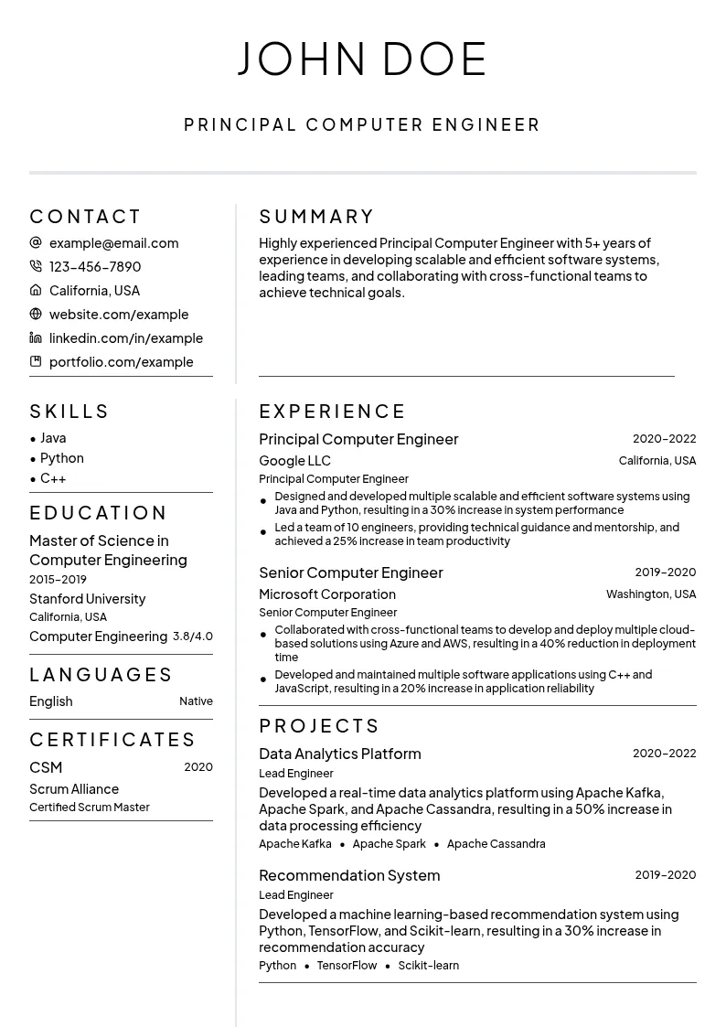 Principal Computer Engineer resume example