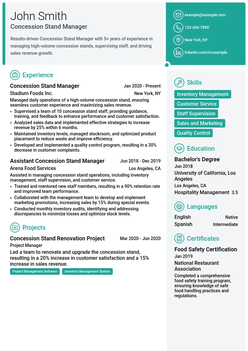 Concession Stand Manager resume example
