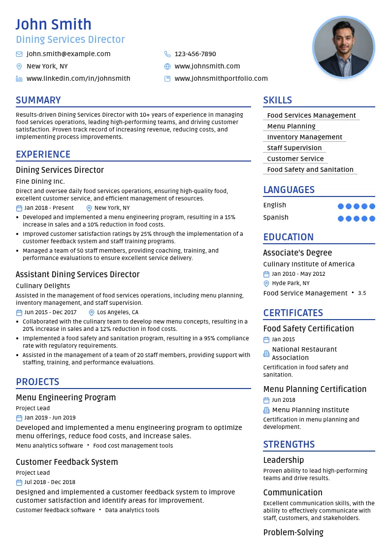 Dining Services Director resume example