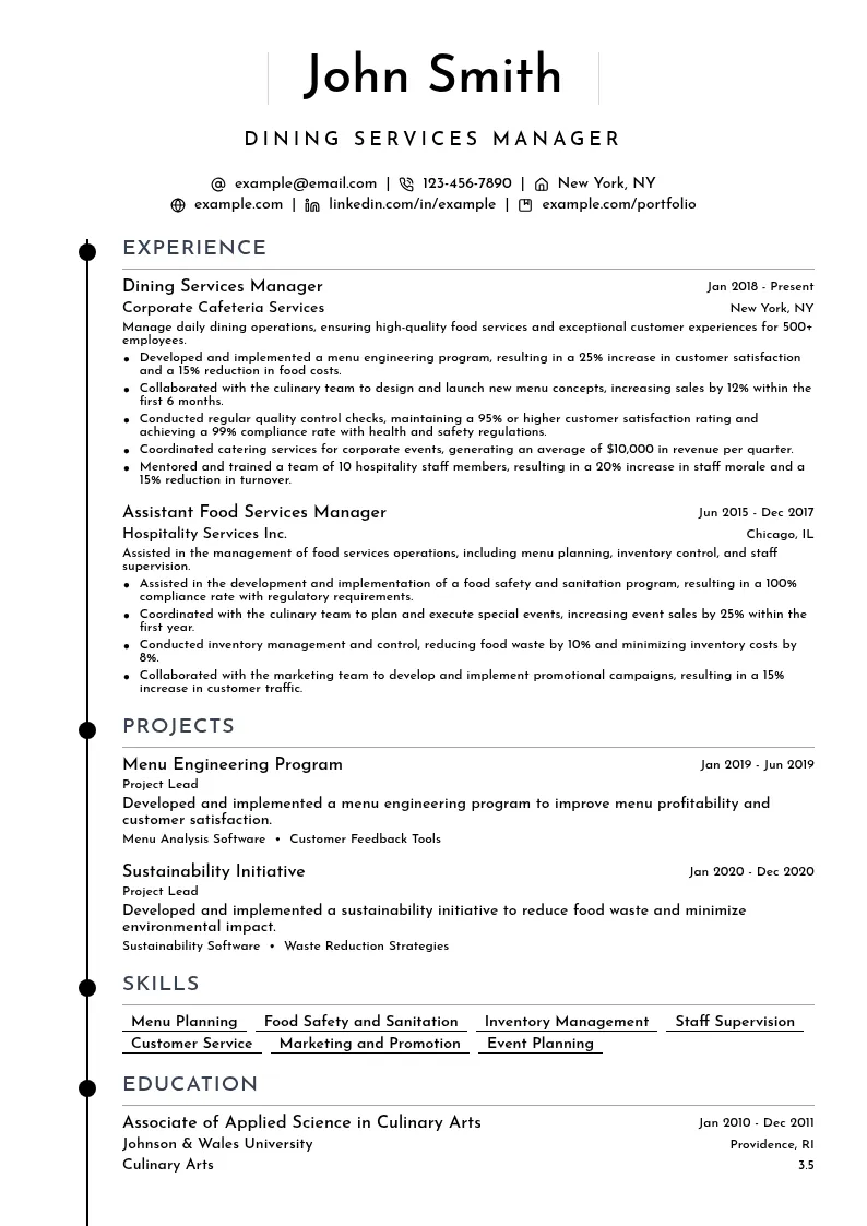 Employee Dining Services Manager resume example