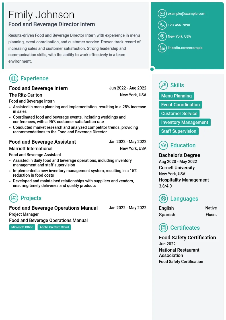 Food and Beverage Director Intern resume example